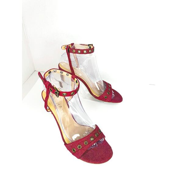 Vintage Chanel Red Canvas Sandals Heels IT 39  Grommet Ankle Strap CC Logo - Picture 9 of 12